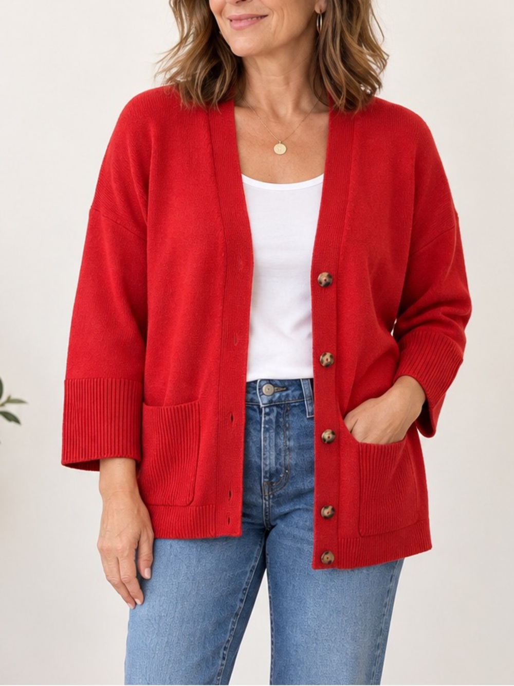 J.Jill Red Cotton Cardigan Sweater Button Front Pockets L s234